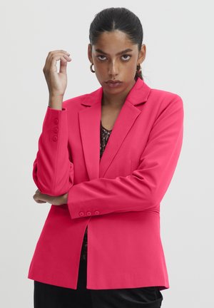 Bright pink blazer with a fitted design, notch lapels, and four-button cuffs. Features a back vent for ease of movement.