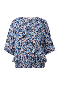 Bloemenblouse in blauw, zwart en roze met een ontspannen pasvorm, brede mouwen en een elastische zoom voor extra comfort. Lichtgewicht, gestructureerde stof.