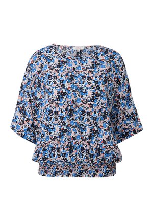 Blumenbluse in Blau, Schwarz und Pink mit lockerer Passform, weiten Ärmeln und elastischem Saum für zusätzlichen Komfort. Leichter, strukturierter Stoff.