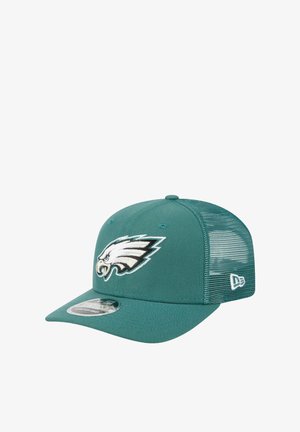 Türaubergelber Baseballcap mit grünem Netzrücken, mit einem weißen gestickten Adlerlogo auf der Vorderseite und einem flachen Schirm.