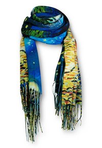 Foulard en soie avec un design abstrait vibrant en bleu et jaune, avec des bords frangés et une texture lisse.