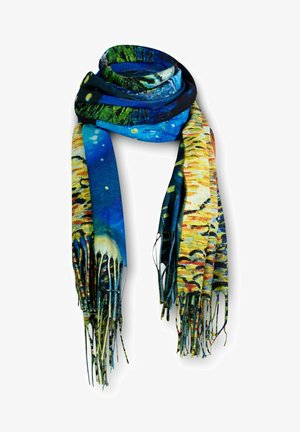Foulard en soie avec un design abstrait vibrant en bleu et jaune, avec des bords frangés et une texture lisse.
