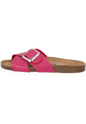 Infradito rosa con fibbia in metallo, realizzati in materiale morbido. Presentano un plantare in sughero e una suola in gomma bianca.