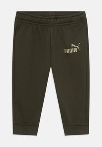 Olivgröna mjukisbyxor med elastisk midja, smal passform och ribbade muddar. Har en ljusbeige Puma-logotyp på låret.