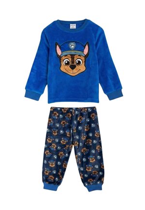 Blue children's fleece pajama set with cartoon dog face on top and matching patterned pants featuring multiple dog faces and paw prints.