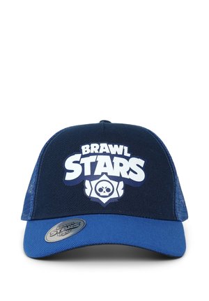 Berretto da baseball blu con retro in rete, visiera curva e grande logo bianco "BRAWL STARS" sulla parte frontale. Tessuto strutturato e dettagli cuciti.