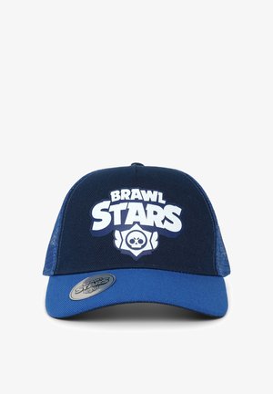 Berretto da baseball blu con retro in rete, visiera curva e grande logo bianco "BRAWL STARS" sulla parte frontale. Tessuto strutturato e dettagli cuciti.