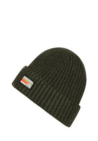Green ribbed knit beanie with a folded cuff and a rectangular logo patch featuring mountains and the text "PROTEST" in contrasting colors.
