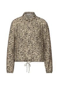 Cropped blouse in beige fabric featuring a black leopard print, button-up front, and a drawstring at the waist. Long puffed sleeves.