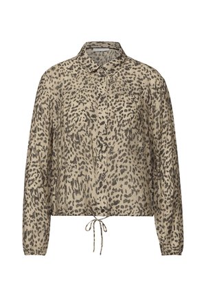 Krátká blůza z béžové látky s černým leopardím potiskem, zapínání na knoflíky vpředu a šňůrkou v pase. Dlouhé nafouknuté rukávy.