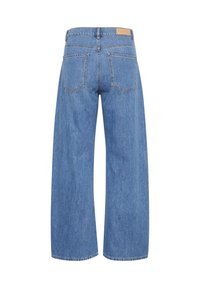 Wide-legged jeans made of medium-wash denim. Features a high waist, back pockets, and a leather label on the waistband. Clean stitching details.