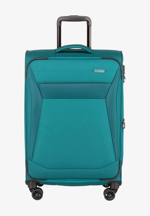 Teal luggage with a textured finish, retractable black handle, and four black wheels. Features a front pocket and zip closure for secure storage.