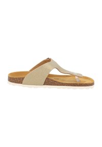 Infradito dorate con glitter, dotate di soletta in sughero e suola in gomma bianca. Presentano una silhouette curvata e una fascia marrone a contrasto.