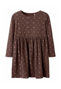 Robe rayée marron à manches longues, avec une jupe froncée et un motif floral rose tout au long. Encolure ronde, texture de tissu douce.