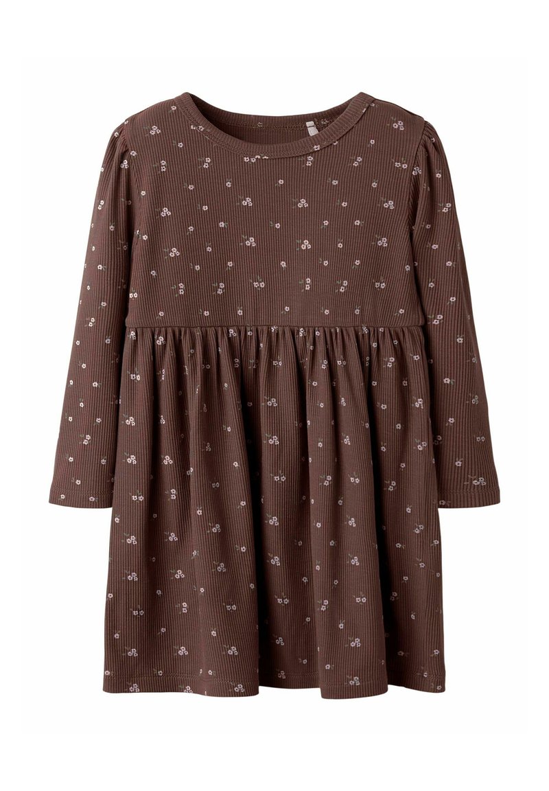 Brown ribbed dress with long sleeves, featuring a gathered skirt and pink floral pattern throughout. Round neckline, soft fabric texture.