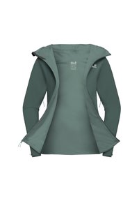 Hellgrüne Kapuzenjacke mit durchgehendem Frontreißverschluss, langen Ärmeln und Markenlogo auf der Brust, offen gezeigt vor weißem Hintergrund.