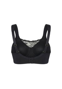 Black soft-cup bra with adjustable straps, lace detail along the top edge, and a three-hook back closure.