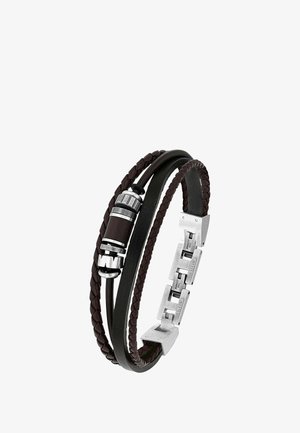 Braune geflochtene Leder- und glatte schwarze Bänder verweben sich und verfügen über einen silbernen zylindrischen Verschluss und rechteckige Metallelemente.