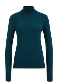 Pull à col montant teal en tissu doux, avec des manches longues et une coupe ajustée, doté de poignets et d'un ourlet côtelés. Aucun motif ni embellissement.