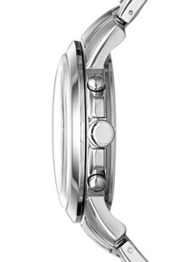 Montre chronographe avec un boîtier en acier inoxydable poli, de forme ronde, plusieurs boutons sur le côté et une finition lisse et élégante.