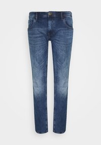Mörkblå denimjeans med rak passform, med knäppning, femfickorsdesign och subtila blekningsområden längs benen.