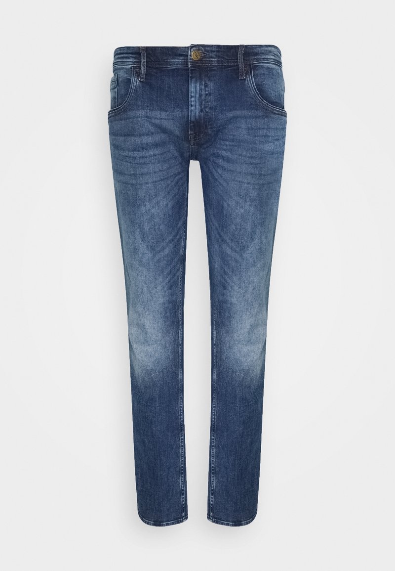 Mörkblå denimjeans med rak passform, med knäppning, femfickorsdesign och subtila blekningsområden längs benen.