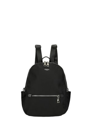 Zwarte rugzak met een voorvak met rits, dubbele rits aan de bovenkant, verstelbare schouderbanden en een kleine handlus bovenaan.