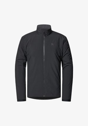 Giacca nera isolante con colletto alto, zip frontale e hardware minimale. Presenta una texture liscia e una vestibilità su misura.