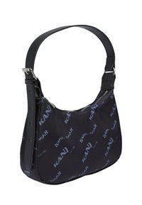 Borsa a spalla in tessuto nero con una stampa logata, texture liscia, tracolla in pelle regolabile e dettagli in metallo argentato.