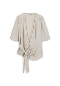Beige, Wickeloberteil aus weichem Stoff. Mit kurzen Puffärmel und einer gebundenen Schleifendetail an der Taille. V-Ausschnitt-Design.