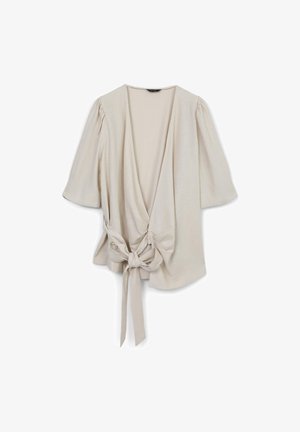 Beige, Wickeloberteil aus weichem Stoff. Mit kurzen Puffärmel und einer gebundenen Schleifendetail an der Taille. V-Ausschnitt-Design.