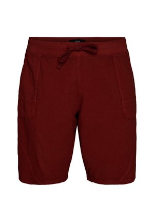 Tmavě červené neformální šortky ke kolenům s předními našitými kapsami a stahovací šňůrkou v pase.