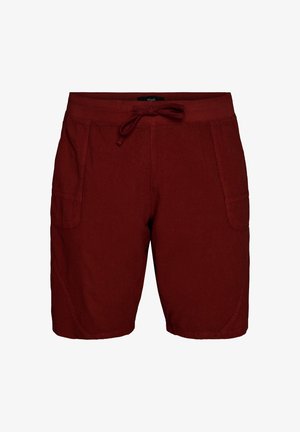Dark red casual knee-length shorts with front patch pockets and a drawstring waist.