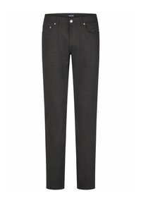 Pantalons noirs avec un motif texturé, dotés d'une taille standard, de cinq poches et d'une fermeture à bouton en métal. Design classique à jambes droites.