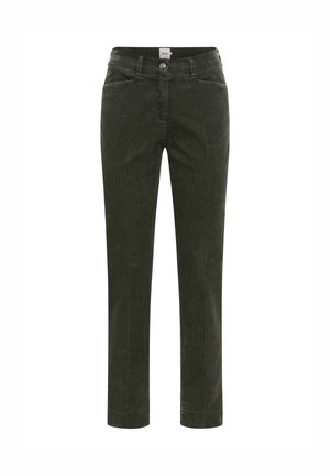 Dark green corduroy trousers with a straight leg design, featuring front pockets and a button closure at the waist. Textured fabric finish.