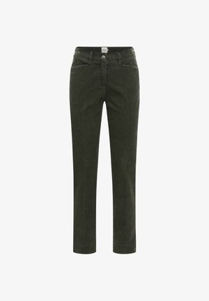 Dark green corduroy trousers with a straight leg design, featuring front pockets and a button closure at the waist. Textured fabric finish.