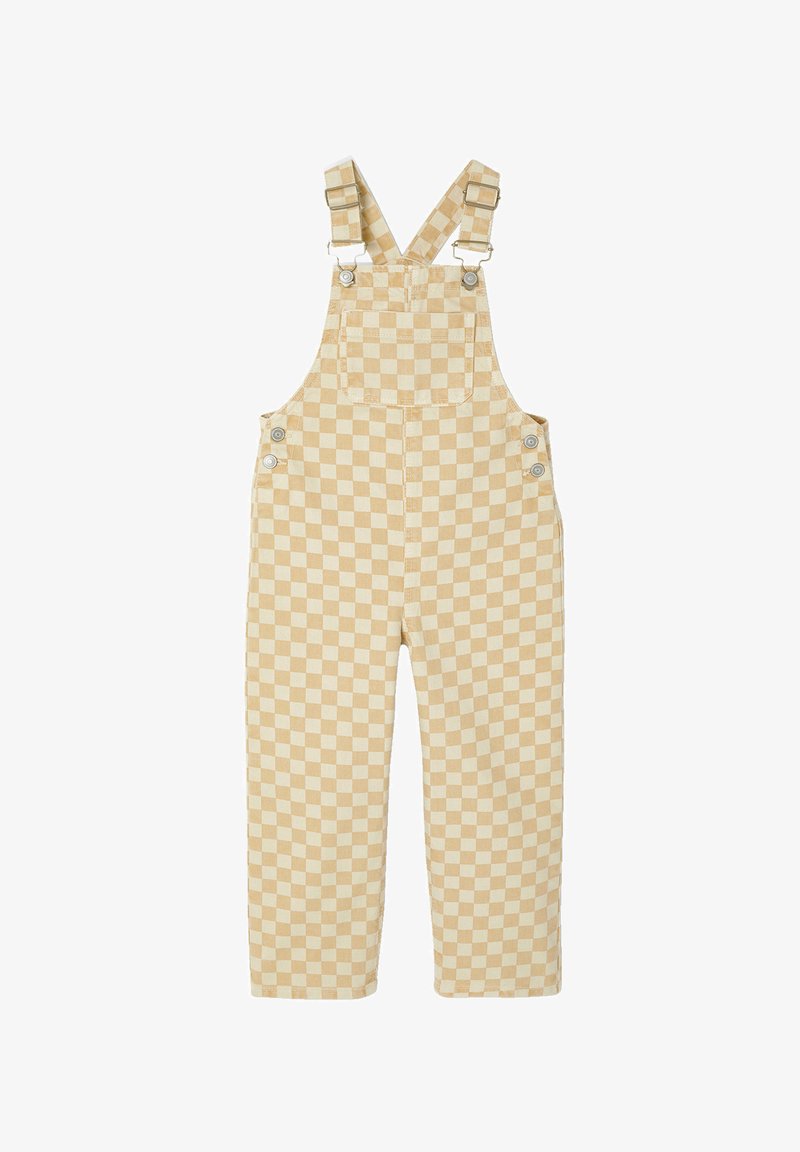 Beige checker-patterned overalls made of cotton, featuring adjustable straps and metal buttons at the sides with a front pocket.