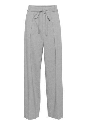 Graue Leinen-Hose mit weitem Bein und hohem Bund, ausgestattet mit einem Kordelzug, Falten an der Vorderseite und einer weichen, strukturierten Oberfläche.