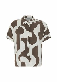 Short-sleeve shirt in lightweight fabric, featuring a brown and white abstract pattern. Classic collar and button closure at the front.