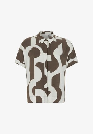 Lühikeste varrukatega särk kerge kangaga, millel on pruun ja valge abstraktne muster. Klassikaline krae ja nööbkinnitus ees.