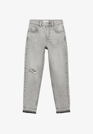 Jasnoszare dżinsy z przetarciami na kolanie, pięcioma kieszeniami i surowym dołem. Wykonane z gładkiego, tkanej tkaniny, idealne na co dzień.