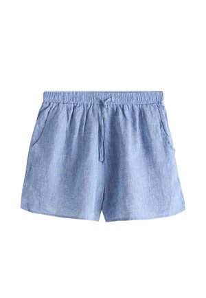 Kék szövött rövidnadrág elasztikus derékpánttal, húzózsinóros rögzítéssel és két oldalzsebbel, könnyű és texturált anyagból.