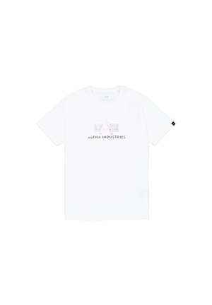 Hvid bomuld t-shirt med et centralt gråt logo med stiliserede bogstaver "A" og "I", samt et lille mærke på ærmet.