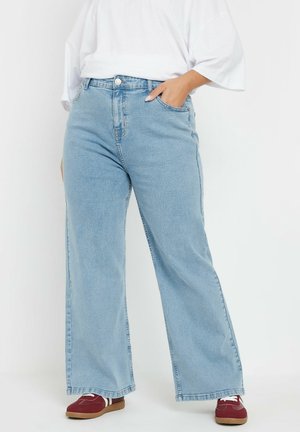 Lichtblauwe wijde spijkerbroek van denim, met een hoge taille, een sluiting met een knoop aan de voorkant en een klassiek vijfzakkenontwerp.