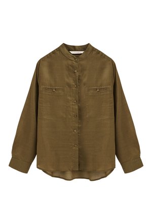 Olivgrünes, langärmeliges Hemd mit Knopfleiste, Stehkragen, zwei Brusttaschen mit Knopfverschluss und abgerundetem Saum.