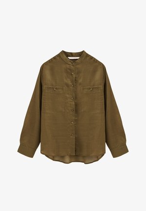 Olivgrünes, langärmeliges Hemd mit Knopfleiste, Stehkragen, zwei Brusttaschen mit Knopfverschluss und abgerundetem Saum.