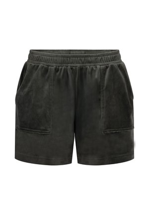 Donkere groene shorts van zacht, textuurstof. Voorzien van een elastische tailleband en twee voorzakken. Eenvoudig, casual ontwerp.