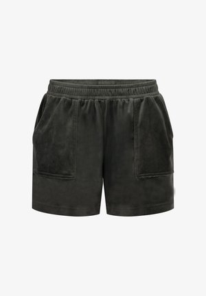 Donkere groene shorts van zacht, textuurstof. Voorzien van een elastische tailleband en twee voorzakken. Eenvoudig, casual ontwerp.