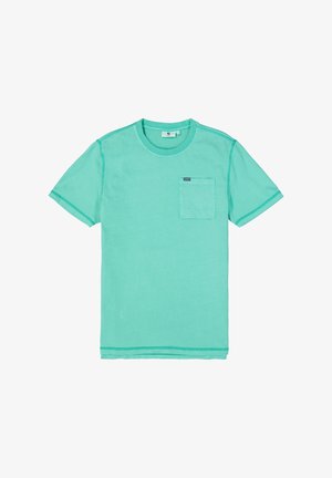 Mintgrünes Baumwoll-T-Shirt mit einem runden Halsausschnitt, kurzen Ärmeln und einer Brusttasche. Verfügt über kontrastierende Nähte entlang der Kanten.