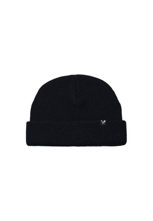 Gorro de punto negro con puño enrollado. Presenta un patrón texturizado y una pequeña etiqueta con logo en la parte frontal. Hecho de un tejido suave y cálido.